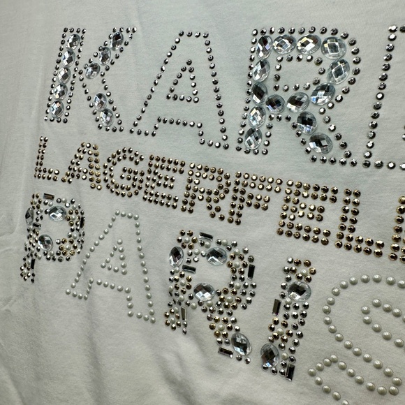 Karl Lagerfeld Paris White T-Shirt Women's Size XL Rhinestone Bling - Picture 5 of 12